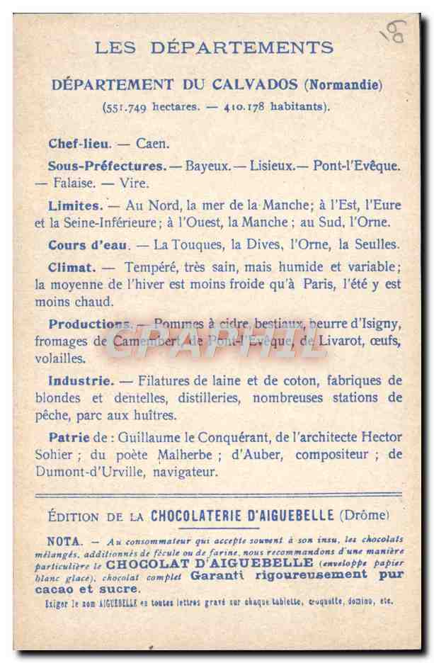 CPA Carte geographique Chocolaterie d'Aiguebelle Calvados Falaise — Rückseite