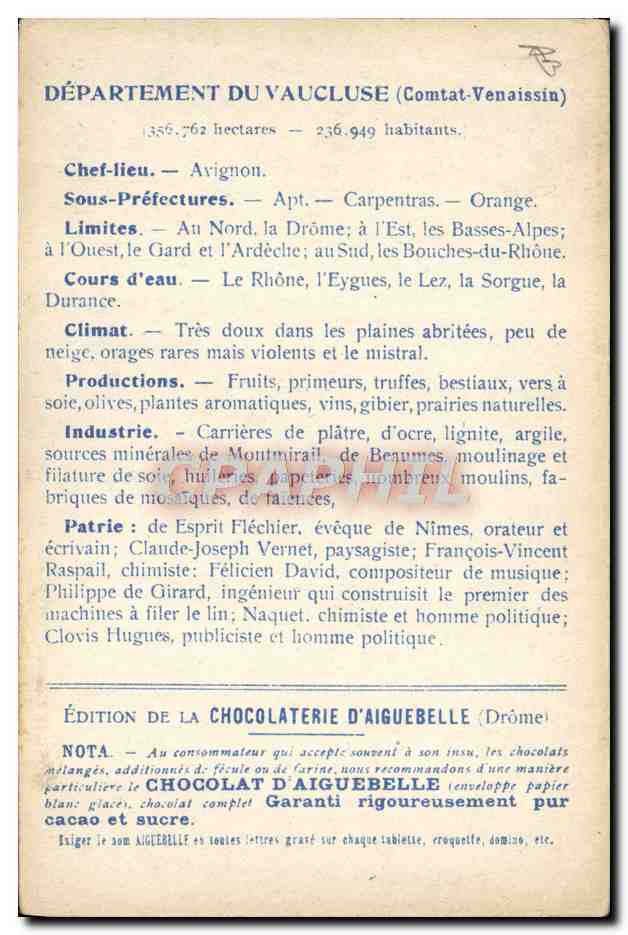 CPA Carte geographique Chocolaterie d'Aiguebelle Vaucluse Arc de Triomphe Orange — Rückseite