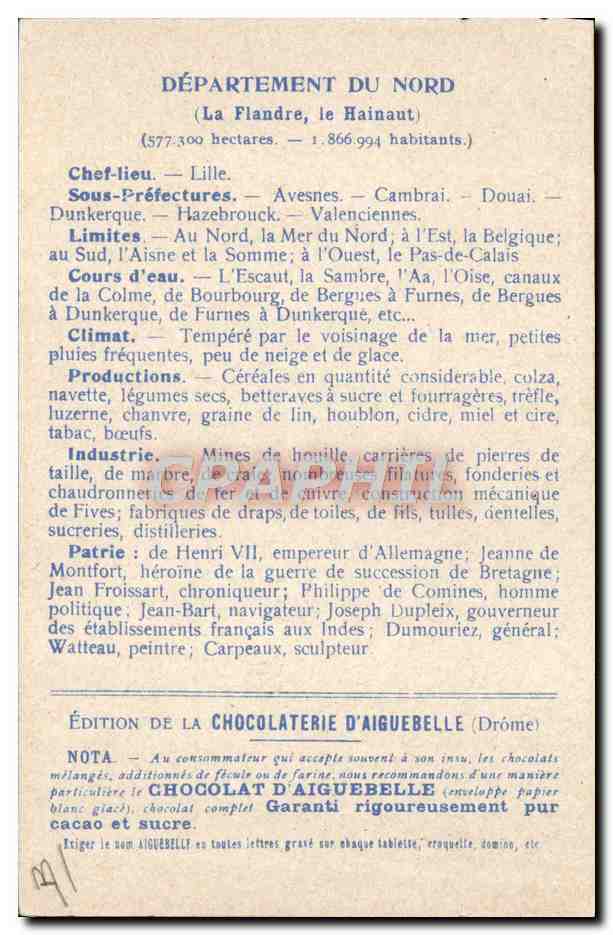 CPA Carte geographique Chocolaterie d'Aiguebelle Nord Dunkerque — Rückseite