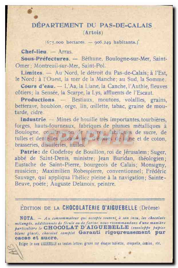 Die Departemente: PAS-DE-CALAIS — Ausgabe der CHOCOLATERIE D'AIGUEBELLE — Rückseite