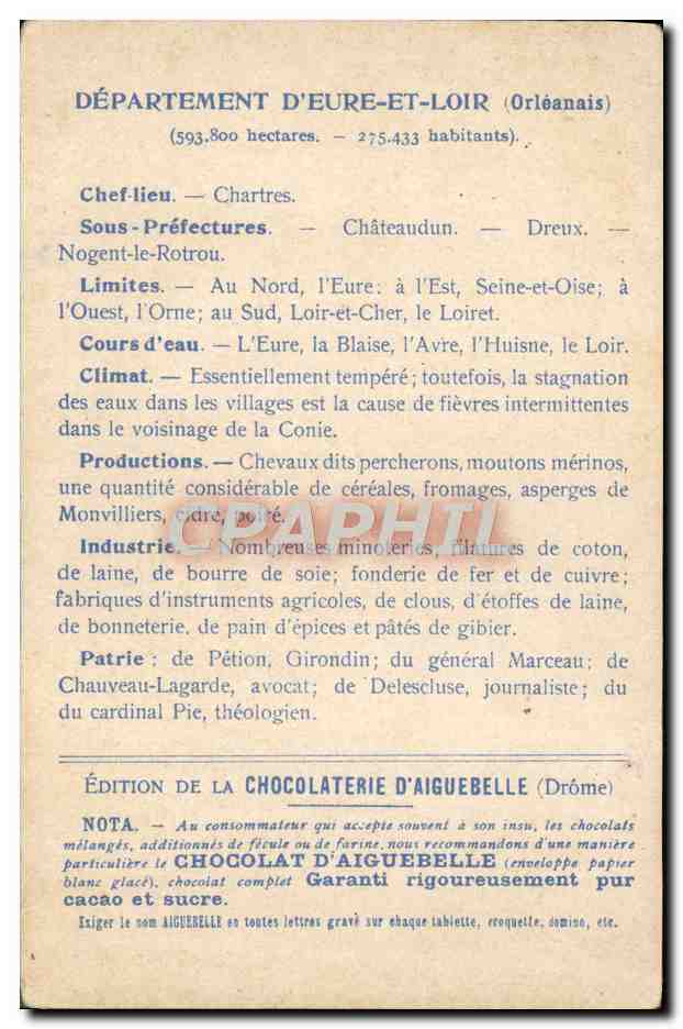 CPA Carte geographique Chocolaterie d'Aiguebelle Eure-et-Loir Chateaudun — Rückseite