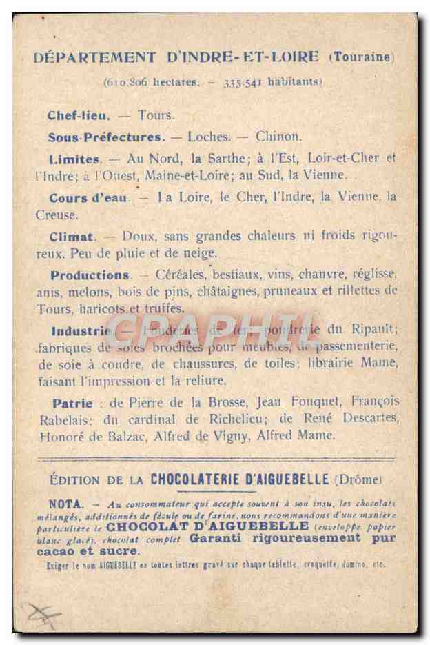 CPA Carte geographique Chocolaterie d'Aiguebelle Indre-et-Loire Amboise — Rückseite