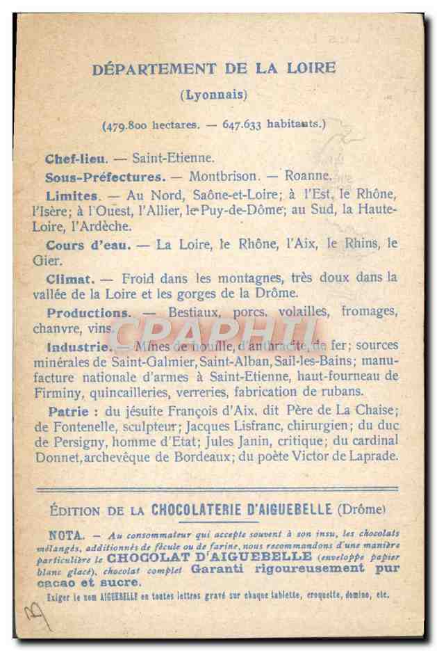 CPA Carte geographique Chocolaterie d'Aiguebelle Loire St Etienne — Rückseite