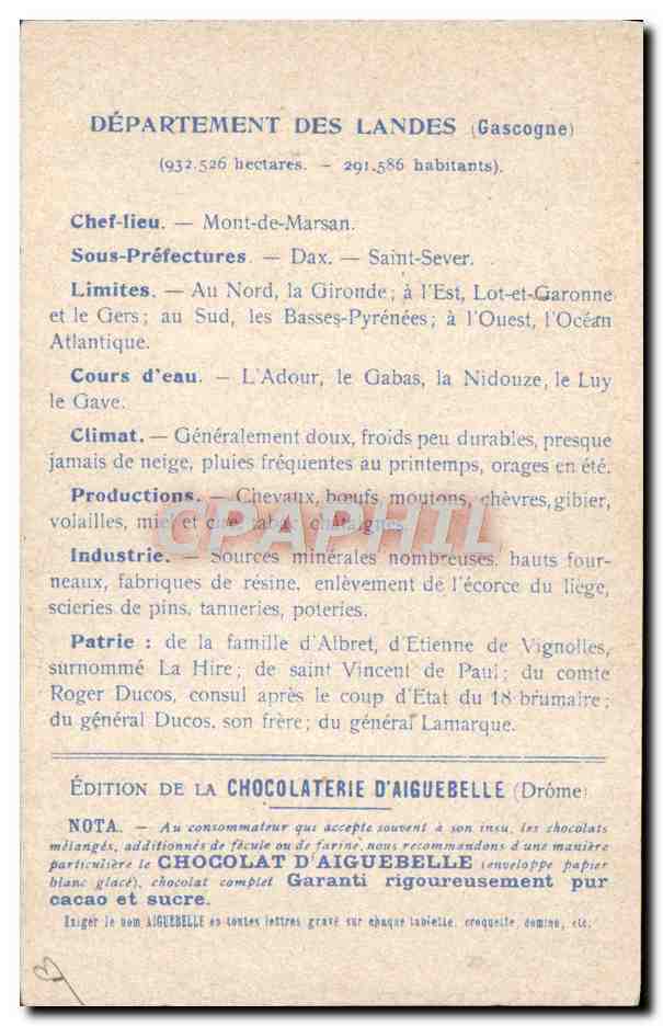 CPA Carte geographique Chocolaterie d'Aiguebelle Landes Douze Midou — Rückseite