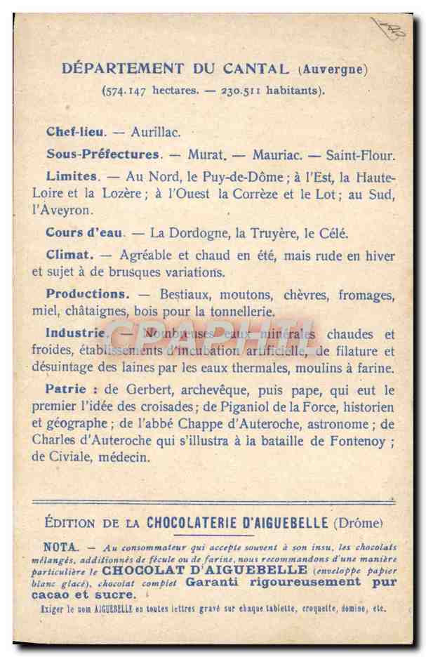 CPA Carte geographique Chocolaterie d'Aiguebelle Cantal — Rückseite
