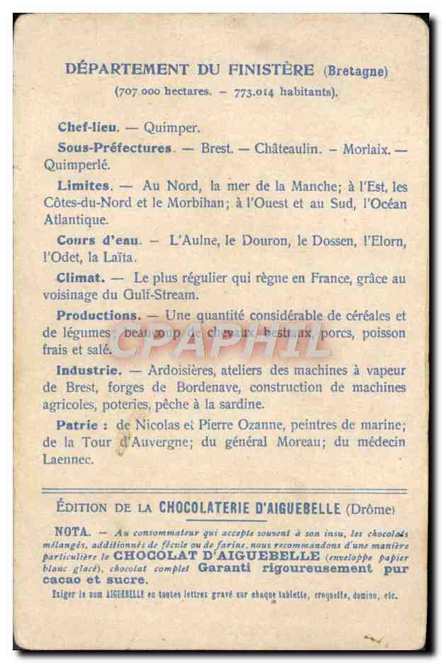 CPA Carte geographique Chocolaterie d'Aiguebelle Finistere St Thegonnec — Rückseite