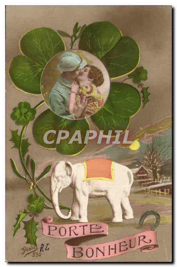 CPA Fantaisie Porte bonheur Trefle Elephant Blanc Fer a cheval Femme Soldat Militaria