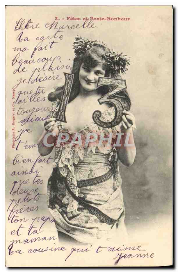Tarjeta postal antigua Fantasía Mujer Puerta de la Suerte Número 13