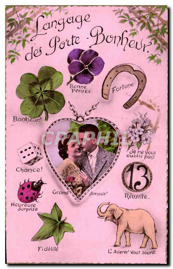 CPA Fantaisie Femme Porte bonheur Elephant Fer a cheval Coccinelle Trefle Chiffre 13