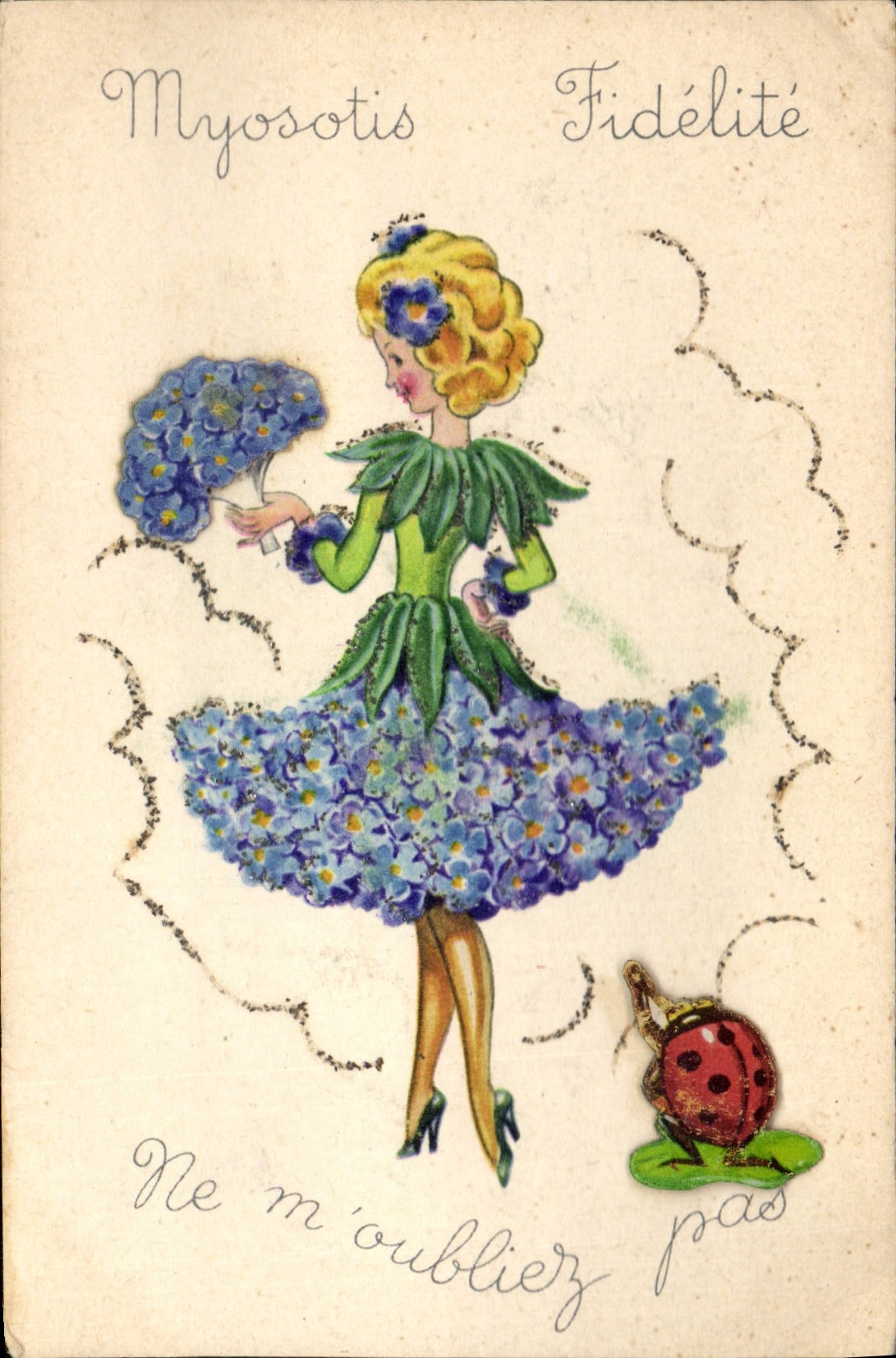 CPA Fantaisie Femme Myosotis Coccinelle 