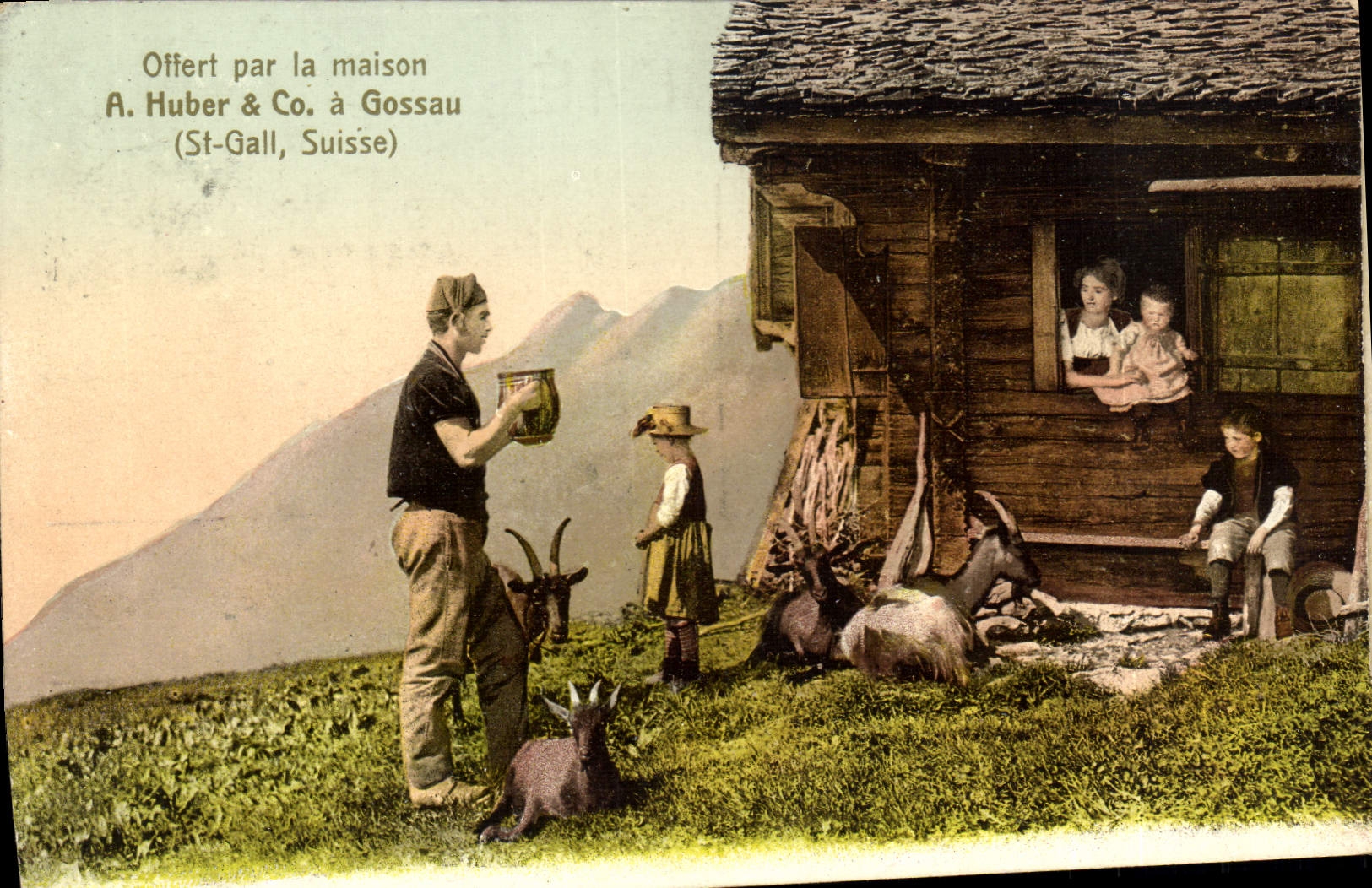 Scène pastorale avec enfants et chèvres — Gossau, Suisse — A. Huber & Co.