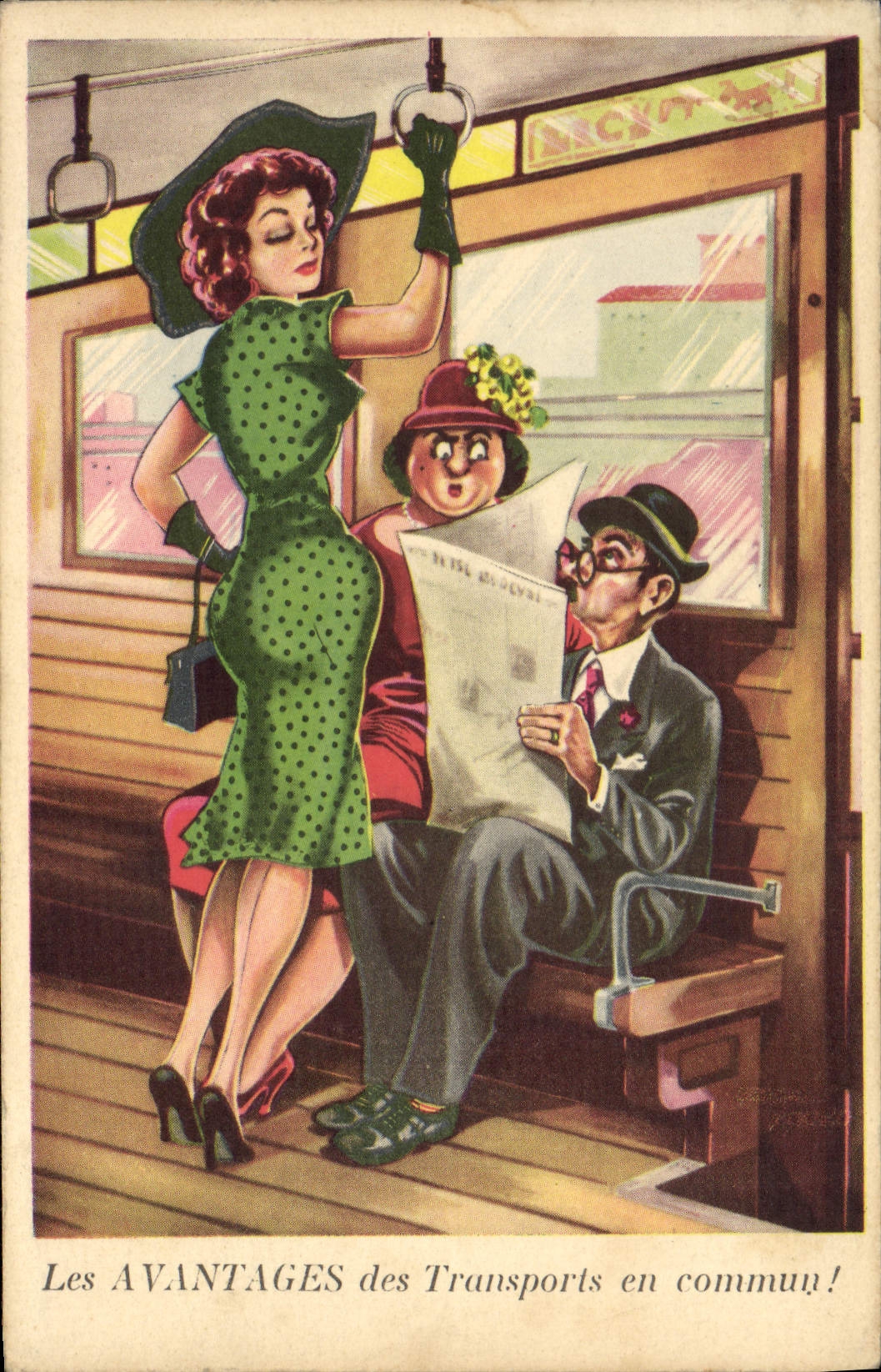 CPA Humour Les avantages des transports en commun Train