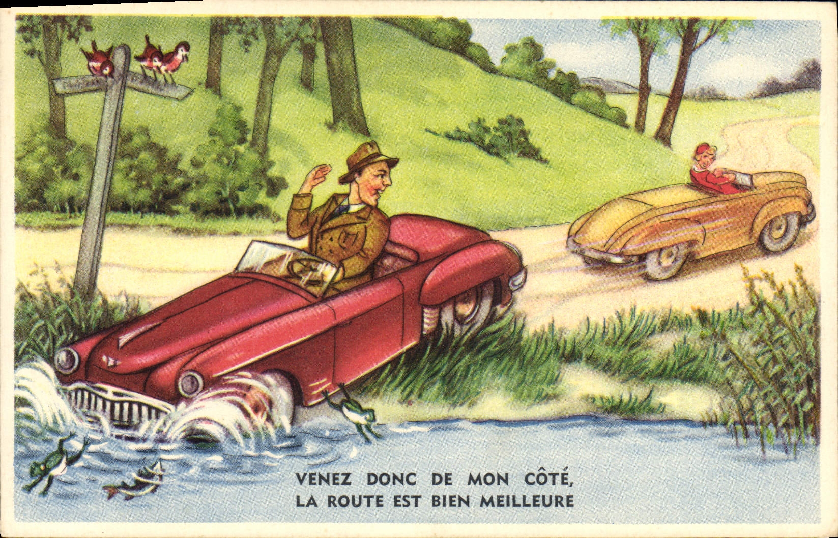 CPA Humour Venez donc de mon cote Automobile Grenouille