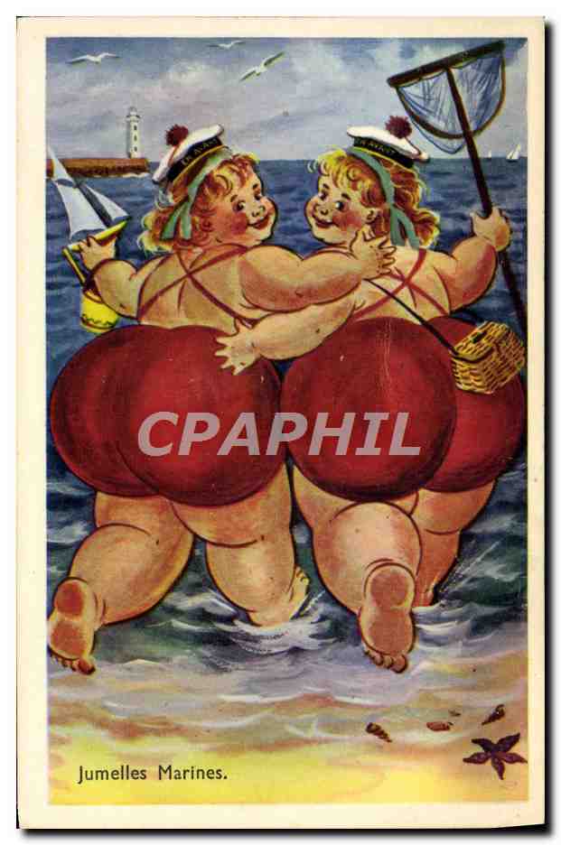 CPA Humour Jumelles marines Plage Femme forte 