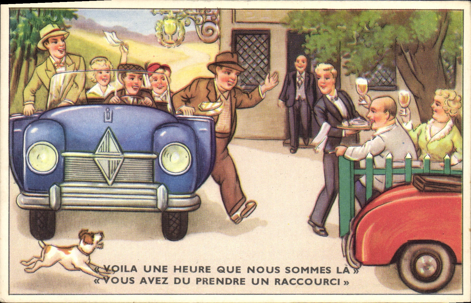 CPA Humour Automobile Voila une heure que nous sommes la Chien 