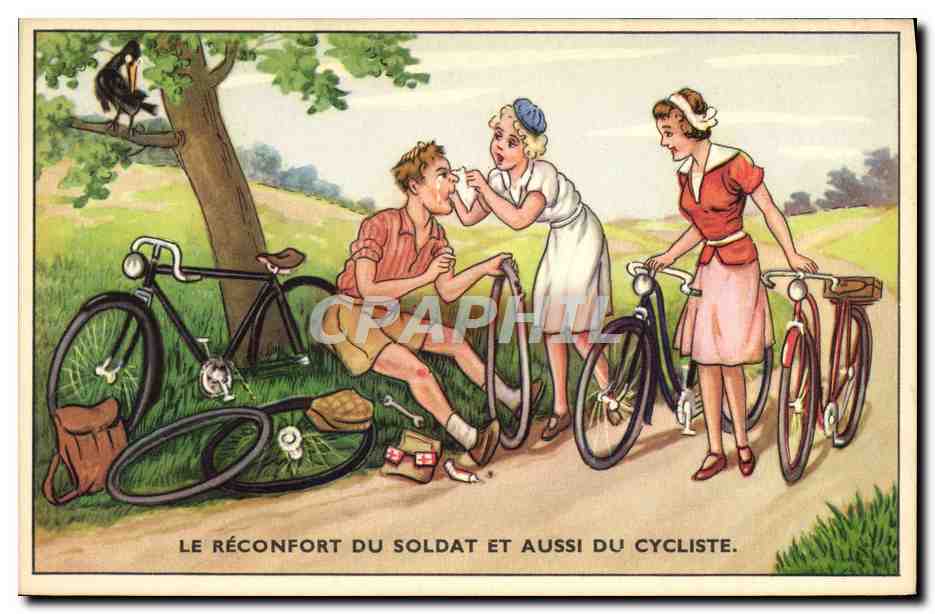 CPA Humour Velo Cycle Le reconfort du soldat
