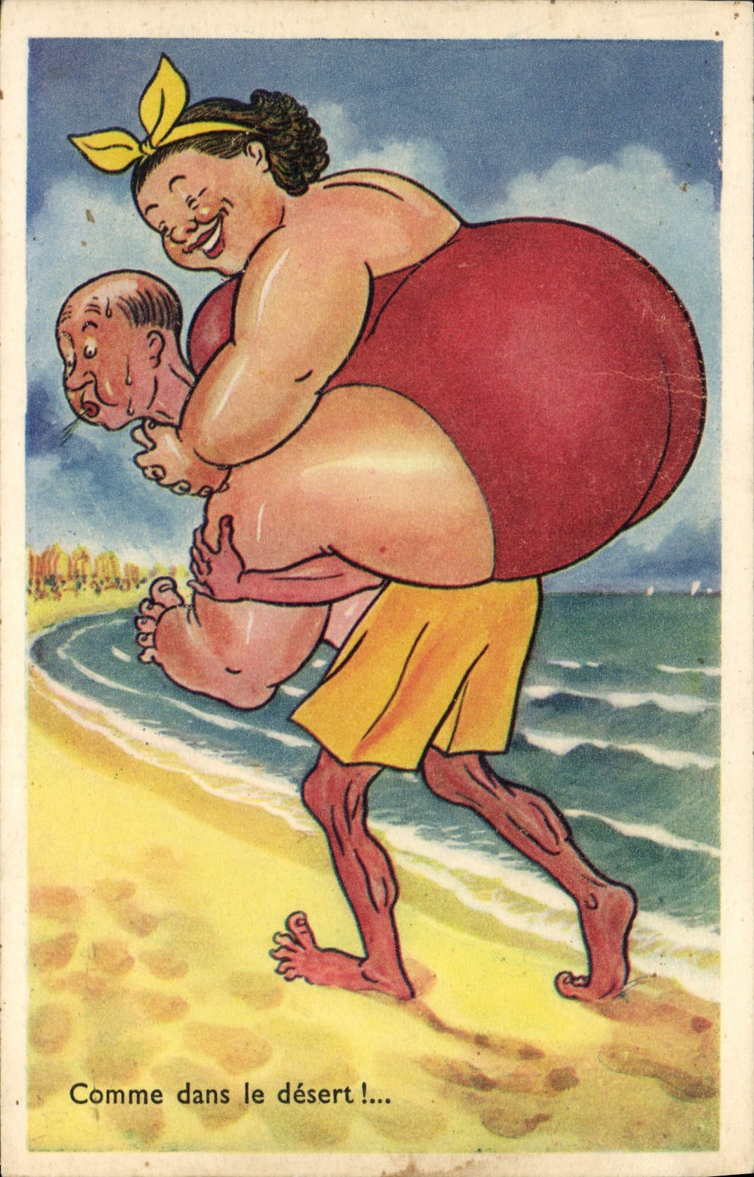 CPA Humour Plage Femme Forte Comme dans le desert