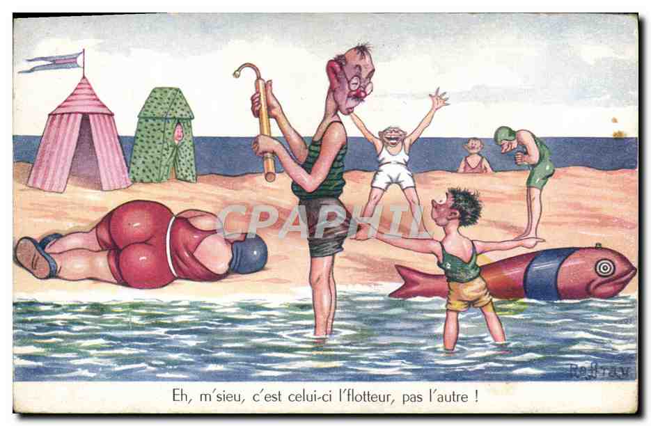 CPA Humour Plage Femme Forte Poisson