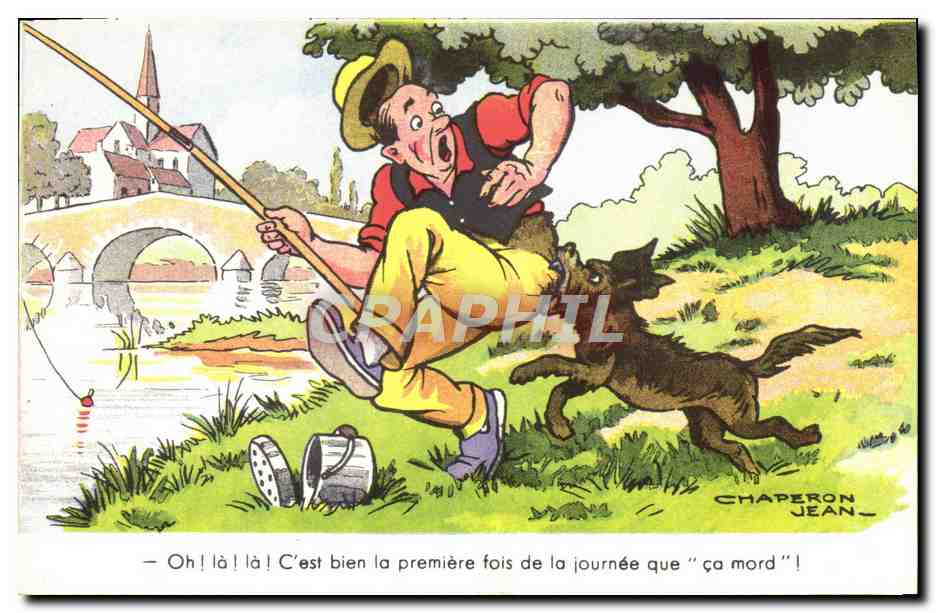 CPA Humour Peche Pecheur Chien Jean Chaperon