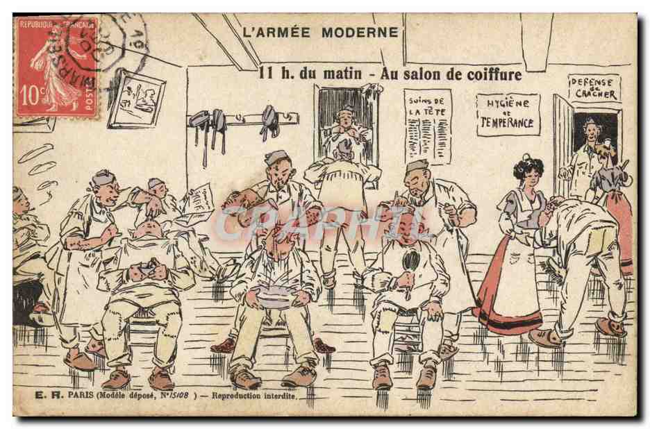 L'ARMÉE MODERNE — 11 h. du matin - Au salon de coiffure — E. F. PARIS (Modèle déposé, N°15/08)