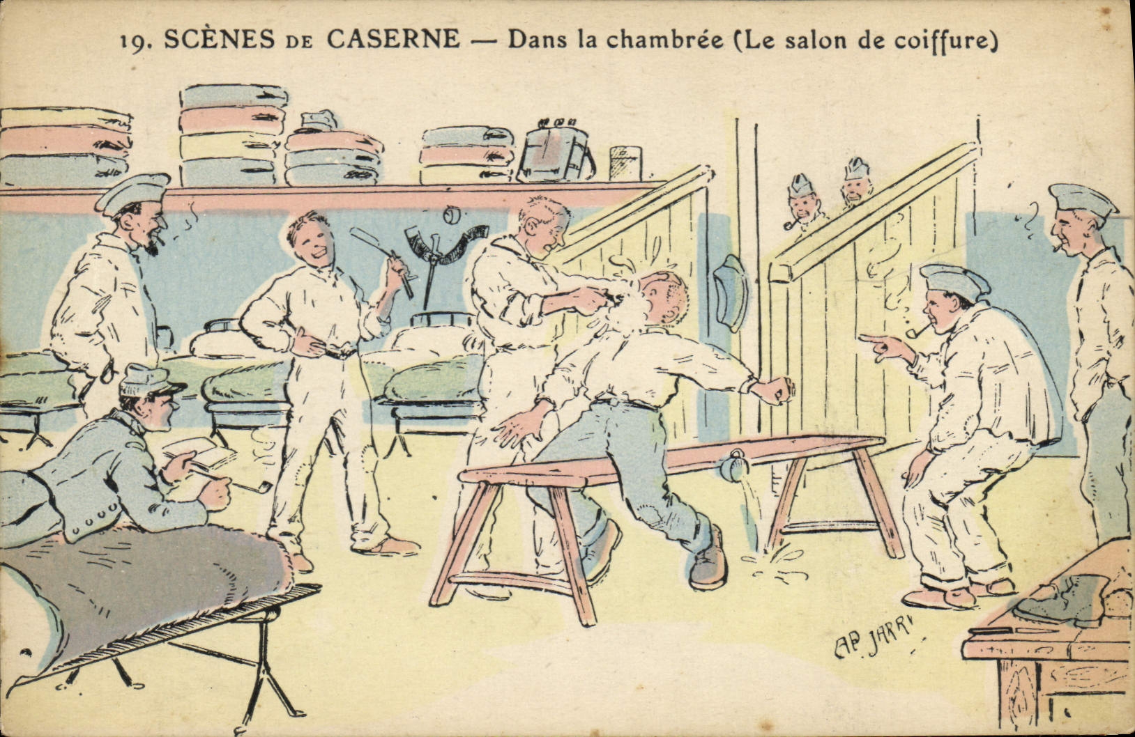 Scènes de caserne — Dans la chambrée (Le salon de coiffure) — CAP JARRY, n°19