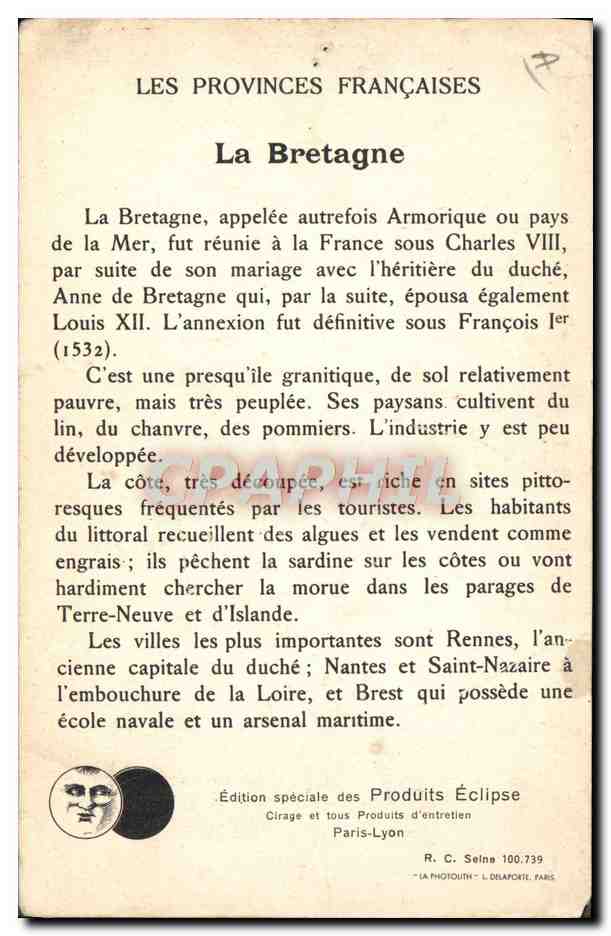 CPA Folklore Les Provinces francaises Bretagne  — Rückseite