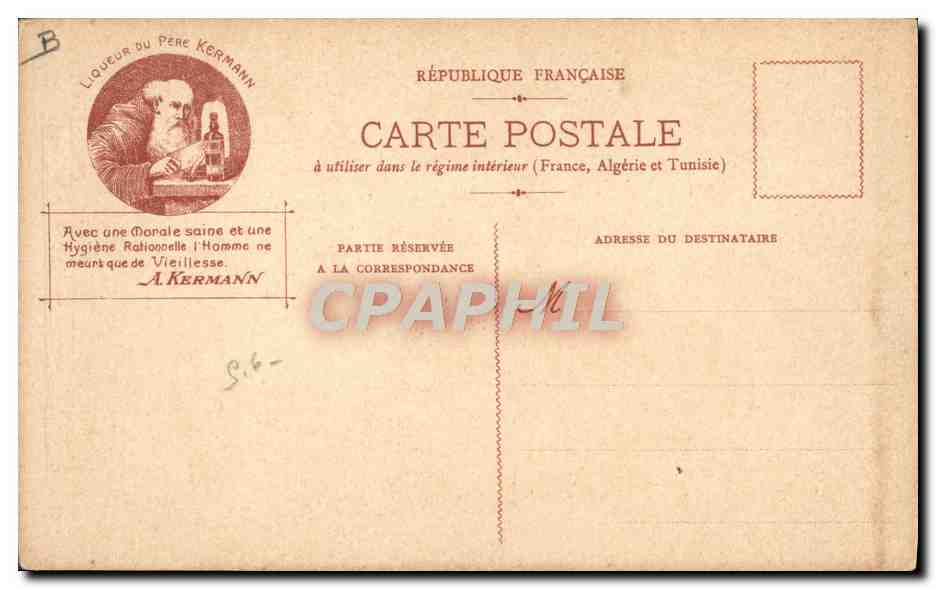 CPA Folklore Bretagne Liqueur du pere Kermann Ane Mule  — Verso