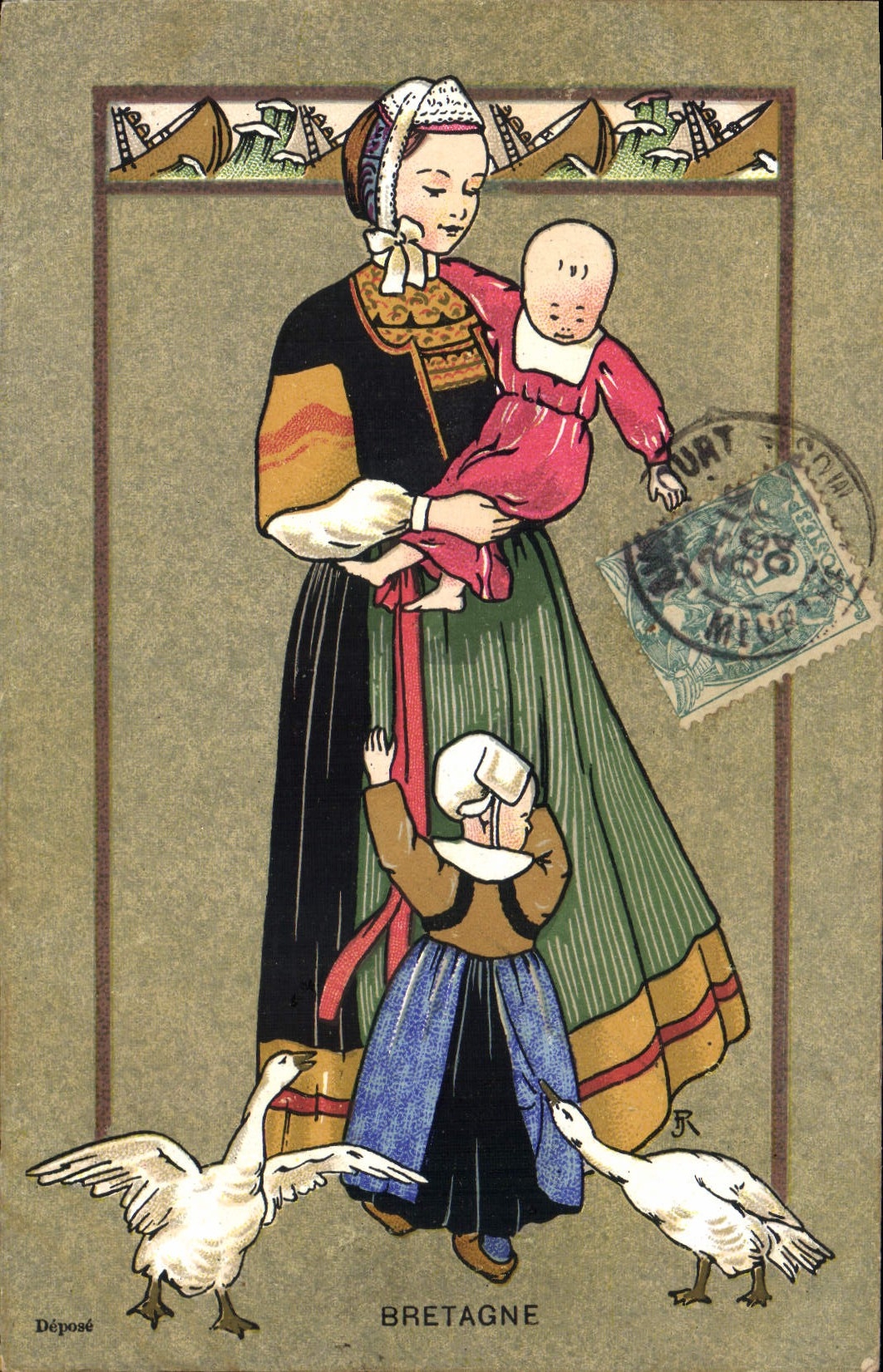 CPA Folklore Bretagne Femme Enfants Oies 