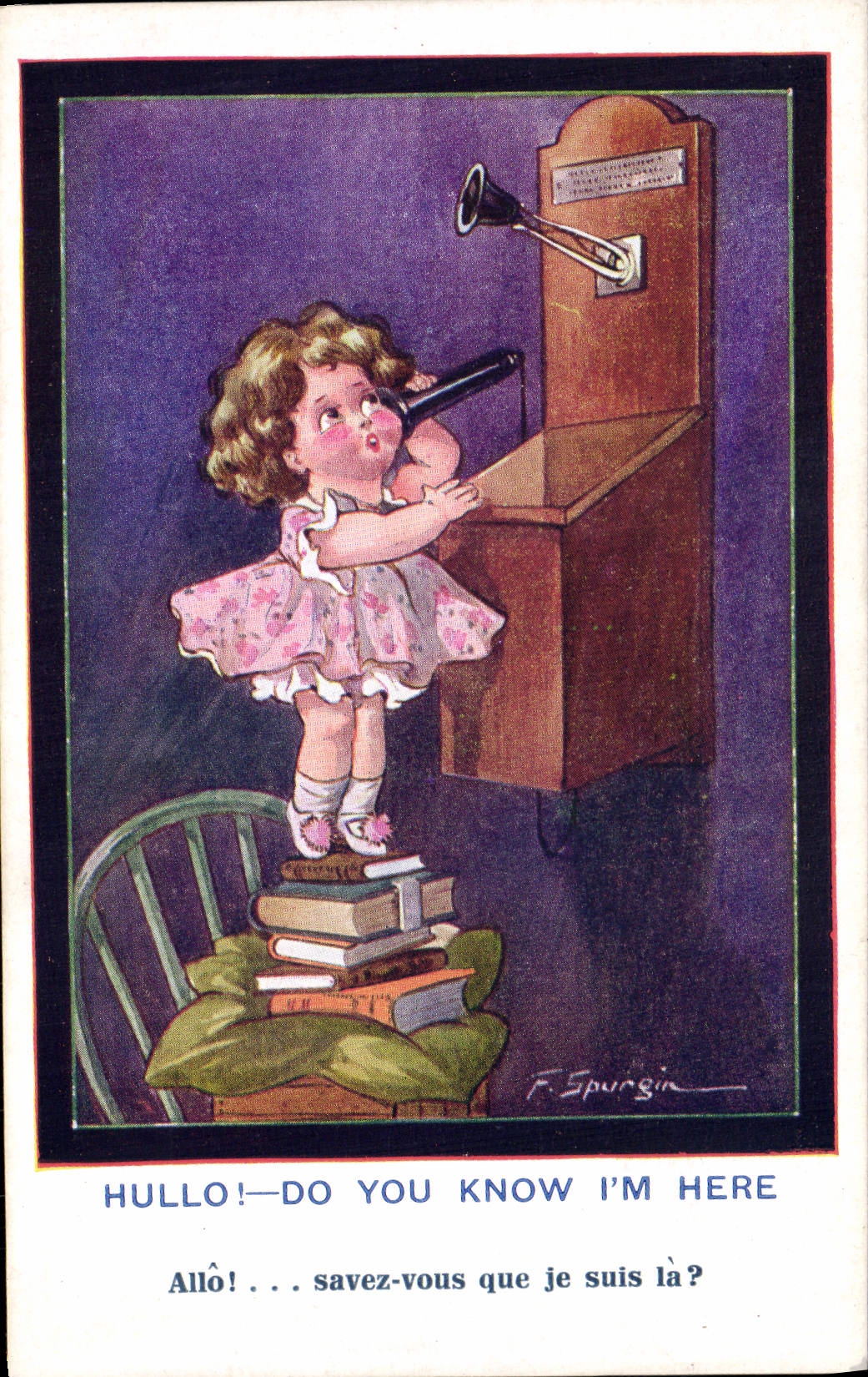 Petite fille sur des livres — téléphonant avec un récepteur — F. Spurgin — Inter-Art Co. 'Wee Mites' série, n°477