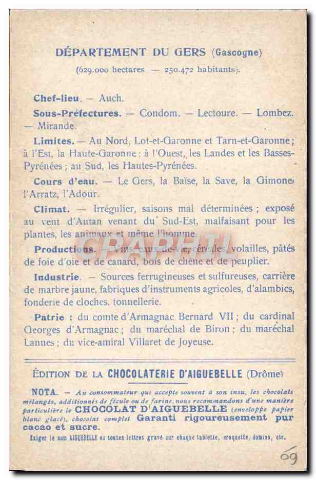 De Departementen : GERS — Uitgave van de Chocolatfabriek Aiguebelle — Achterkant
