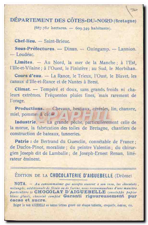 Les Départements : CÔTES-DU-NORD — Édition de la CHOCOLATERIE D'AIGUEBELLE — Verso