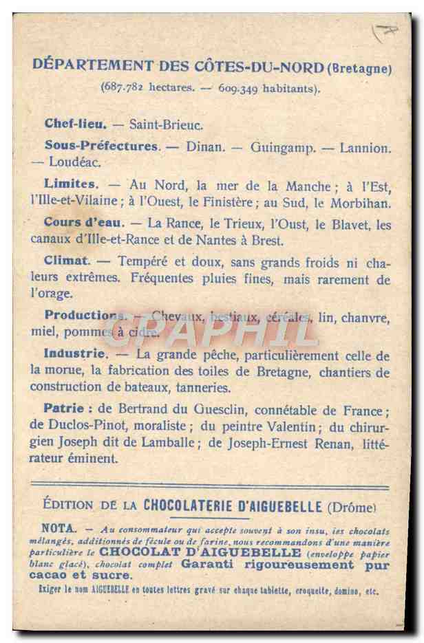 Côtes-du-Nord — Carte géographique et descriptive — Édition de la Chocolaterie d'Aiguebelle — Reverso