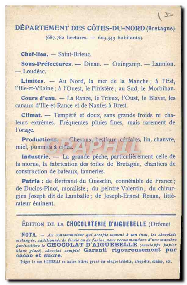 Côtes-du-Nord — Carte géographique et statistique — Édition de la Chocolaterie d'Aiguebelle — Reverso