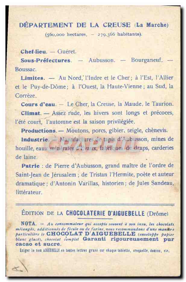 Département de la Creuse — Carte géographique et descriptive — Édition de la Chocolaterie d'Aiguebelle — Reverso
