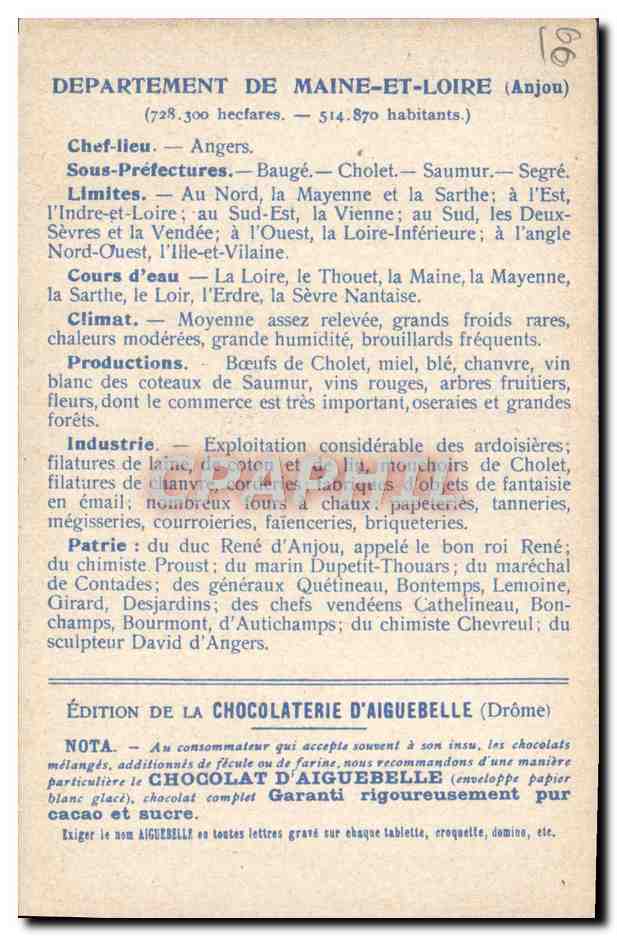 Les Départements : Maine-et-Loire — Édition de la Chocolaterie d'Aiguebelle — Verso
