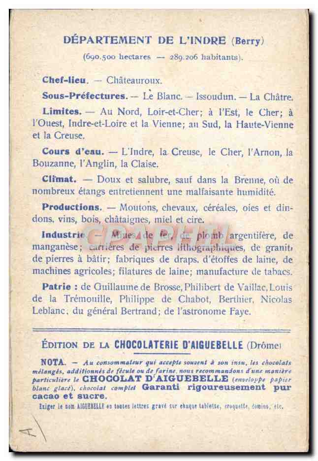 Les Départements : INDRE — Édition de la CHOCOLATERIE D'AIGUEBELLE — Verso