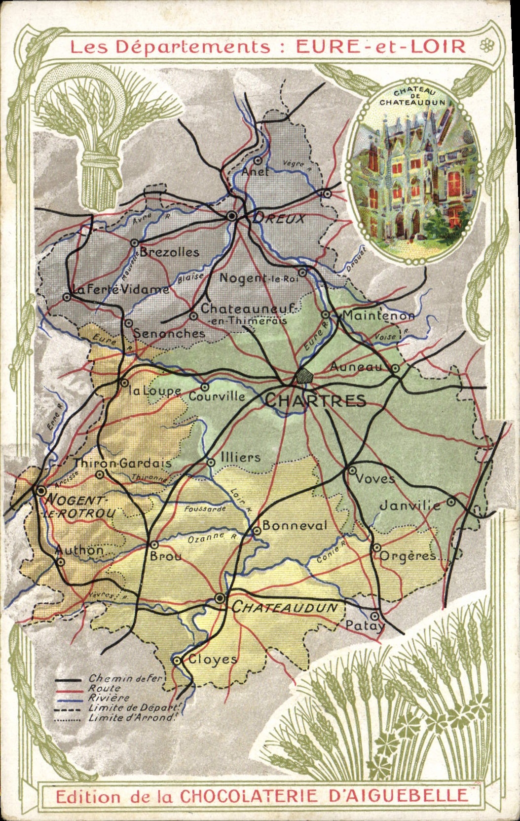 Los Departamentos: EURE-ET-LOIR — Carta geográfica con castillo de Châteaudun — Edición de la CHOCOLATERIE D'AIGUEBELLE