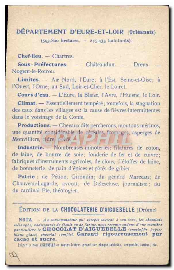 Los Departamentos: EURE-ET-LOIR — Carta geográfica con castillo de Châteaudun — Edición de la CHOCOLATERIE D'AIGUEBELLE — Reverso