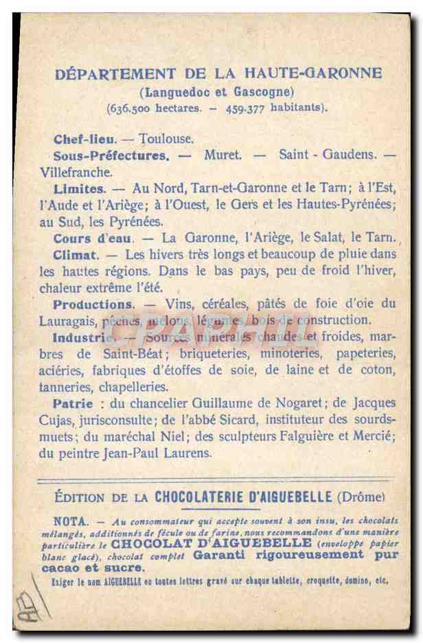 Haute-Garonne — Carte géographique et descriptive — Édition de la Chocolaterie d'Aiguebelle — Reverso