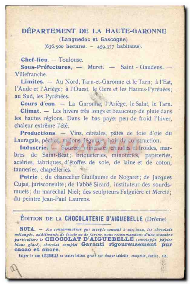 Haute-Garonne — carte géographique et descriptive — Édition de la Chocolaterie d'Aiguebelle — Reverso
