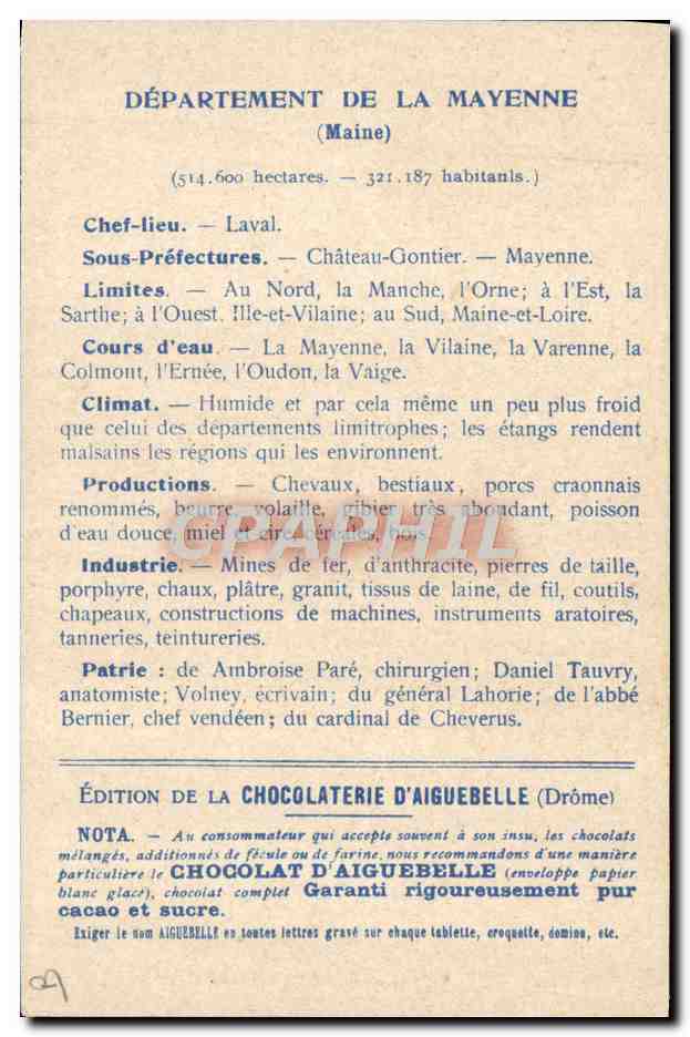 Les Départements : MAYENNE — Édition de la CHOCOLATERIE D'AIGUEBELLE — Verso