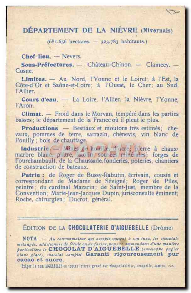Les Départements : NIÈVRE — Édition de la CHOCOLATERIE D'AIGUEBELLE — Verso