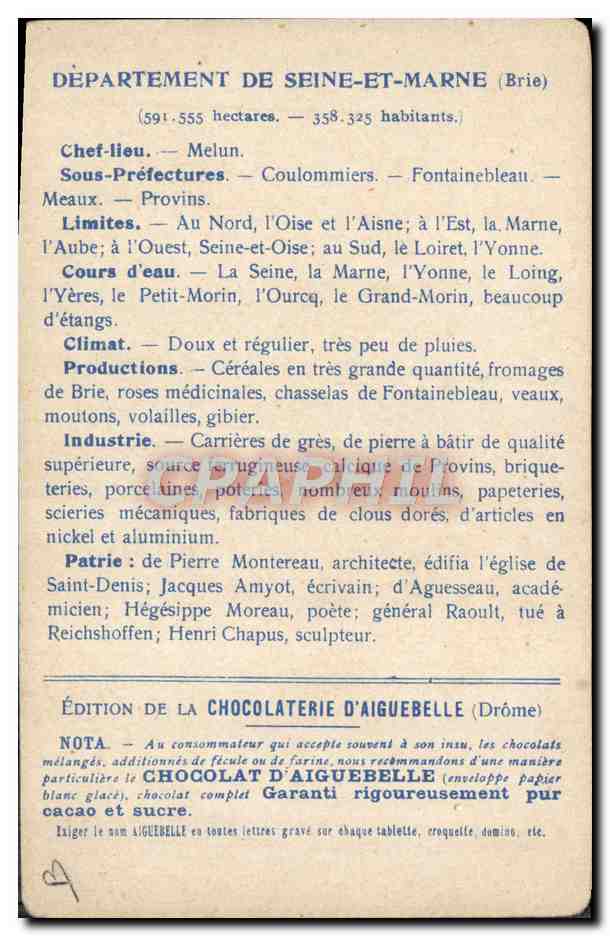 Carte postale illustrée du département de Seine-et-Marne — Édition de la Chocolaterie d'Aiguebelle — Verso