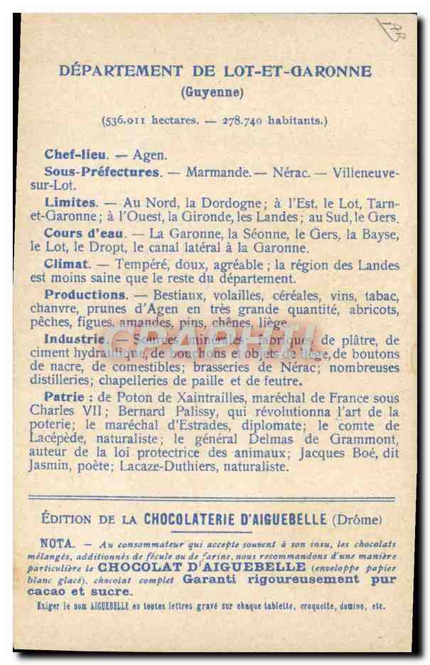 Les Départements : LOT et GARONNE — Edition de la CHOCOLATERIE D'AIGUEBELLE — Verso