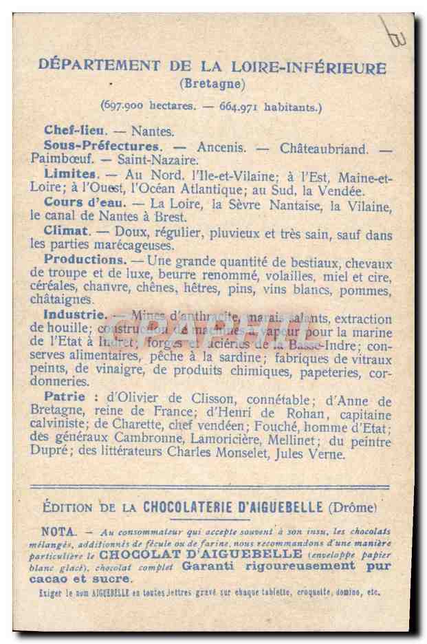 Département de la Loire-Inférieure — Édition de la Chocolaterie d'Aiguebelle — Reverso