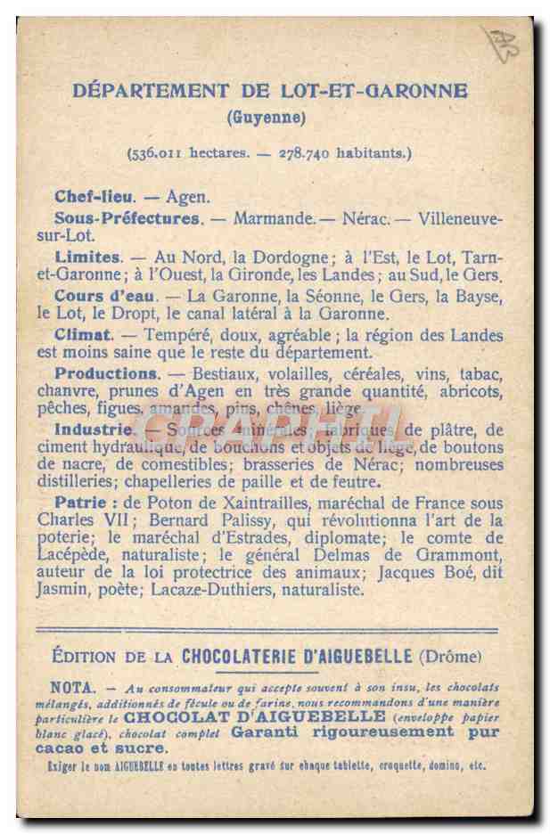 Les Départements : LOT et GARONNE — Edition de la CHOCOLATERIE D'AIGUEBELLE — Reverso