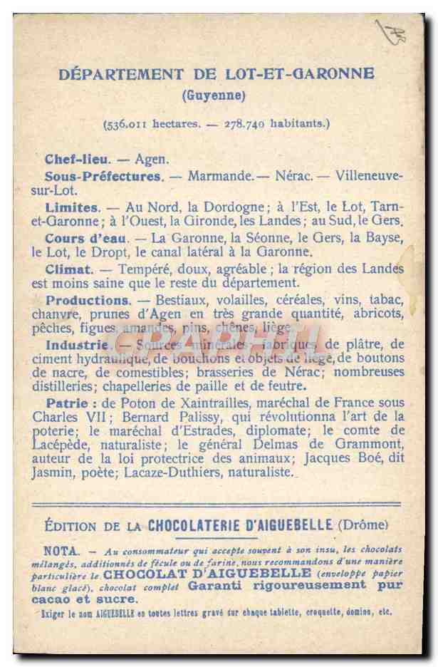 Lot-et-Garonne — Carte géographique et descriptive — Édition de la Chocolaterie d'Aiguebelle — Achterkant