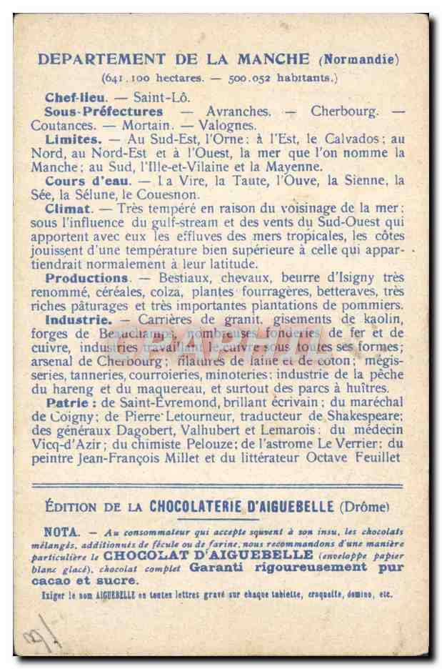 Les Départements : MANCHE — Édition de la CHOCOLATERIE D'AIGUEBELLE — Verso