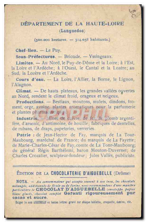 Haute-Loire — Carte des départements — Édition de la Chocolaterie d'Aiguebelle — Verso