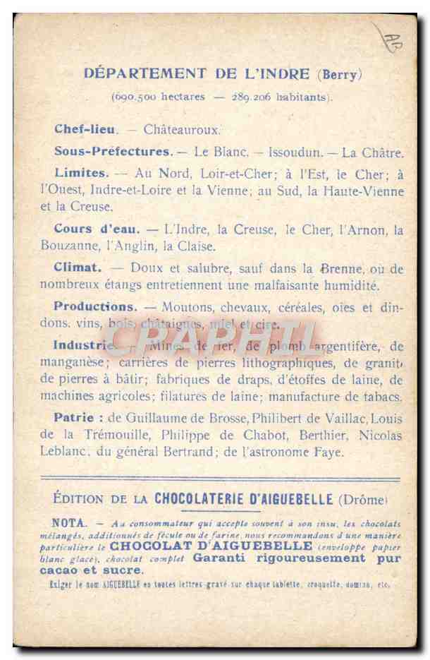 Les Départements : INDRE — Édition de la CHOCOLATERIE D'AIGUEBELLE — Verso